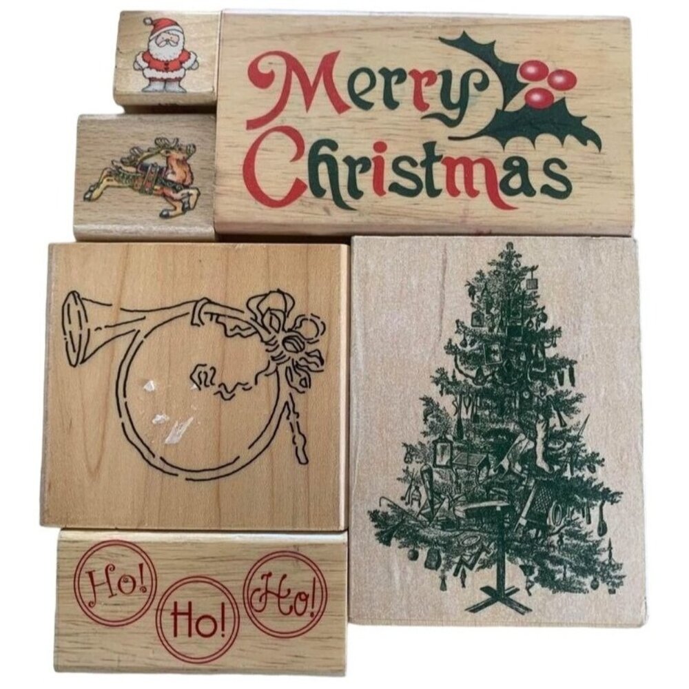 Wooden Stamps Holiday Christmas Themed Holly Tree Design Crafting Set